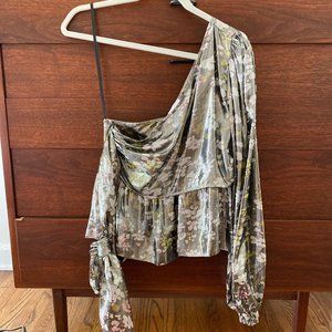 Ganni One Shoulder Metallic Silk Top